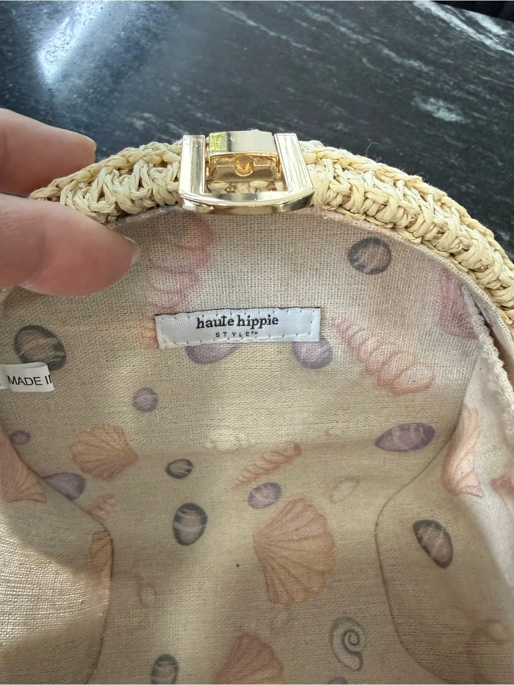 HAUTE HIPPIE Woven Round Crossbody Bag in Natural with Gold Chain & Gold Shimmer - Picture 8 of 14